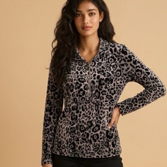 Jones of New York Tops - Jones New York Sport, Women’s 1/4 Zip, Leopard Print, So Soft Velour Top Size S